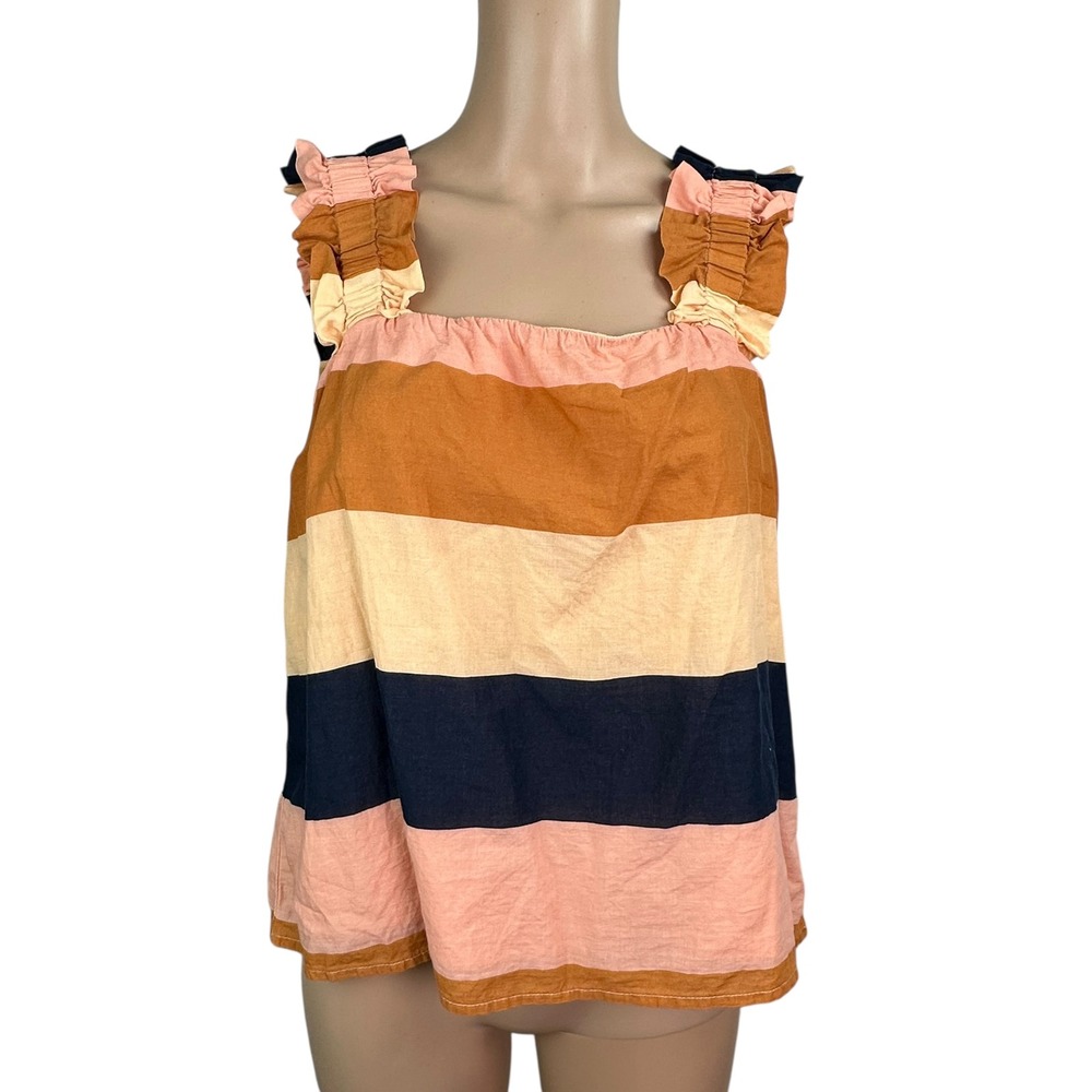 Roan + Ryan‎ Striped Ruffle Smocked Strap Button Back Tank Top Womens Medium